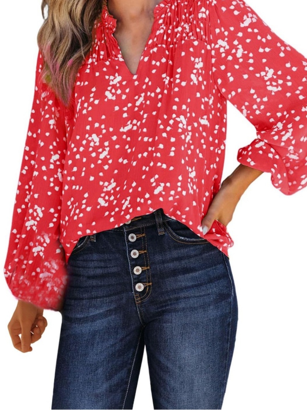Timeson Red Floral Pintuck V-Neck Ruffle Sleeve Blouse Sz L Women